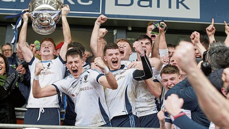 St Marys, Magherafelt celebrate their 2017 MacRory Cup final victory Picture by Bill Smyth 