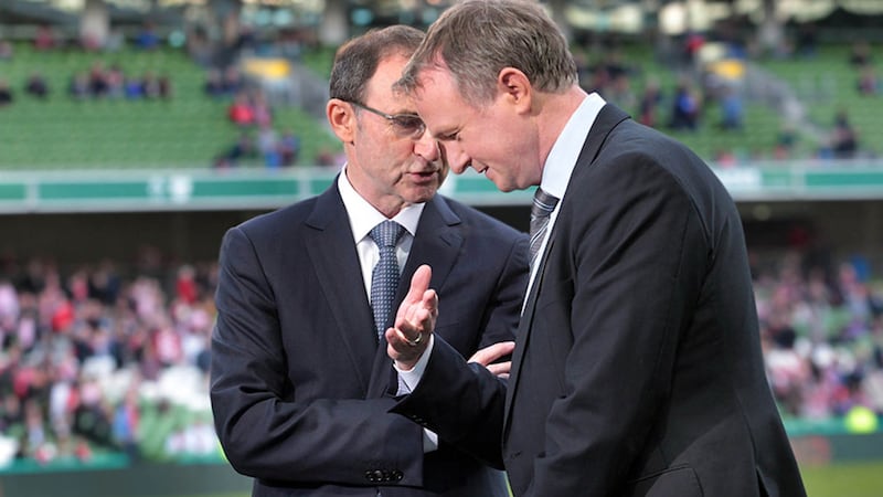 Republic of Ireland manager Martin O'Neill and Northern Ireland manager Michael O'Neill together at the Aviva in Dublin. The Ireland manager has said it's the player's choice to move south&nbsp;