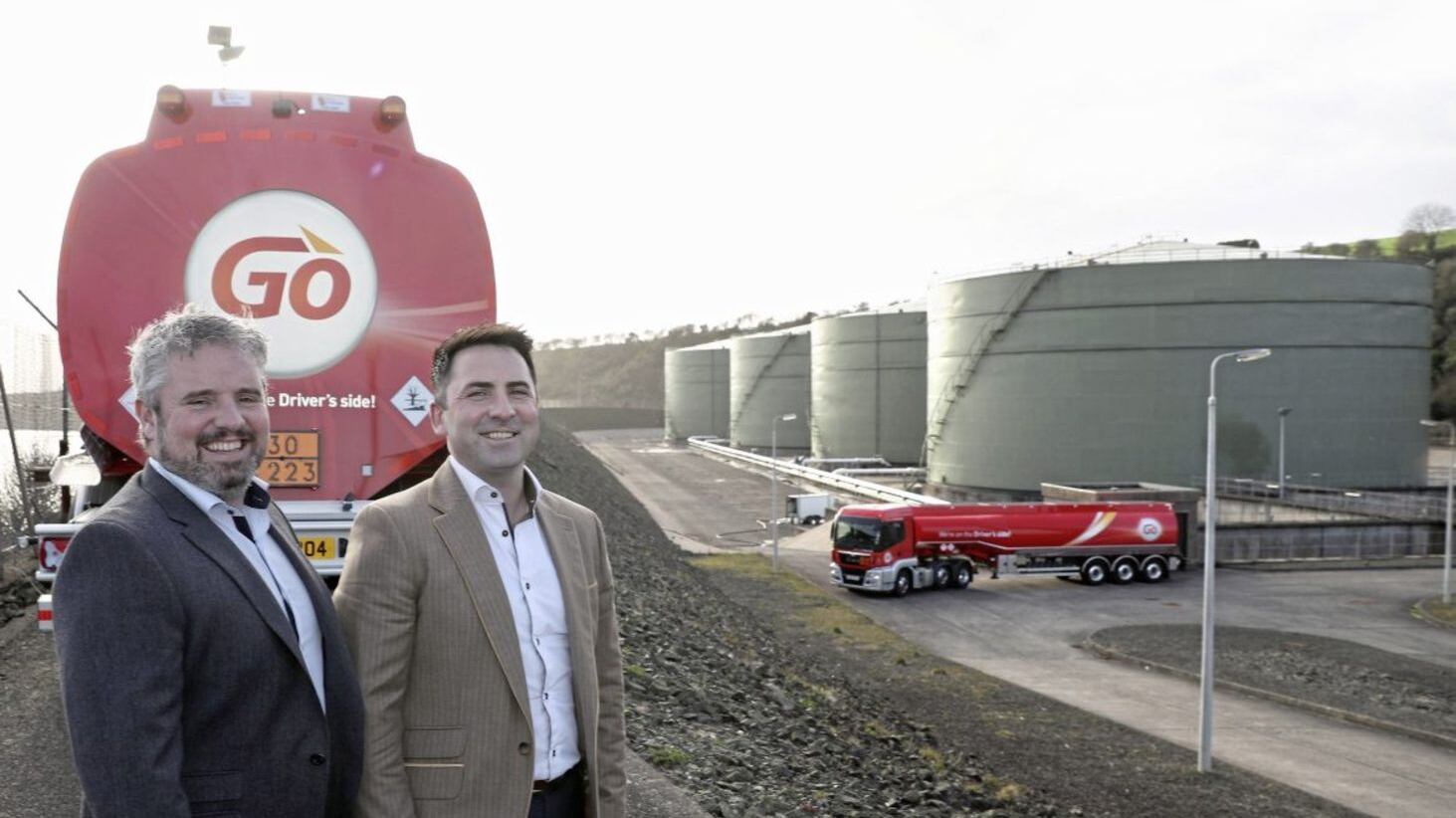 Michael and Daniel Loughran, directors of LCC Group, pictured at Cloghan Point oil terminal 