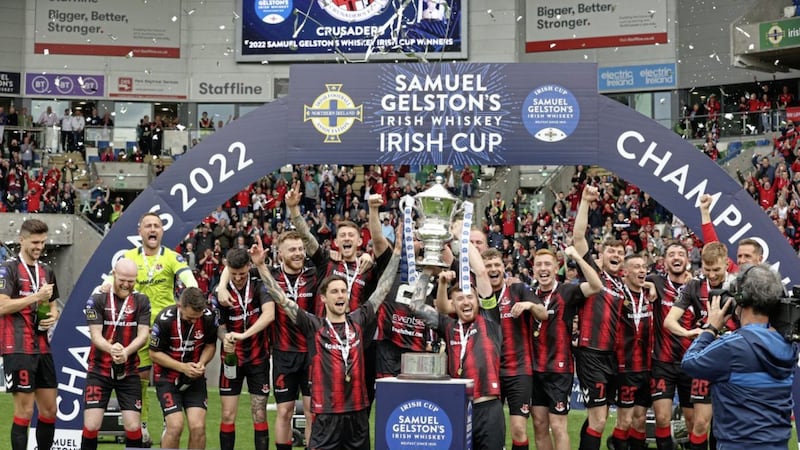 Crusaders lift the Irish Cup following their last-gasp win over Ballymena in Saturday's final<br /> Picture: Desmond  Loughery/Pacemaker Press.
