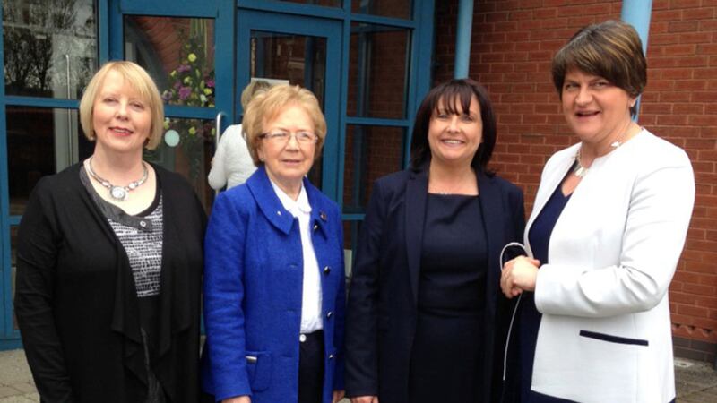 DUP leader arrives at Our Lady's Grammar School, Newry and is greeted by Teresa McAllister, vice principal, Sister Frances and Fiona McAlinden. Picture Mal McCann&nbsp;