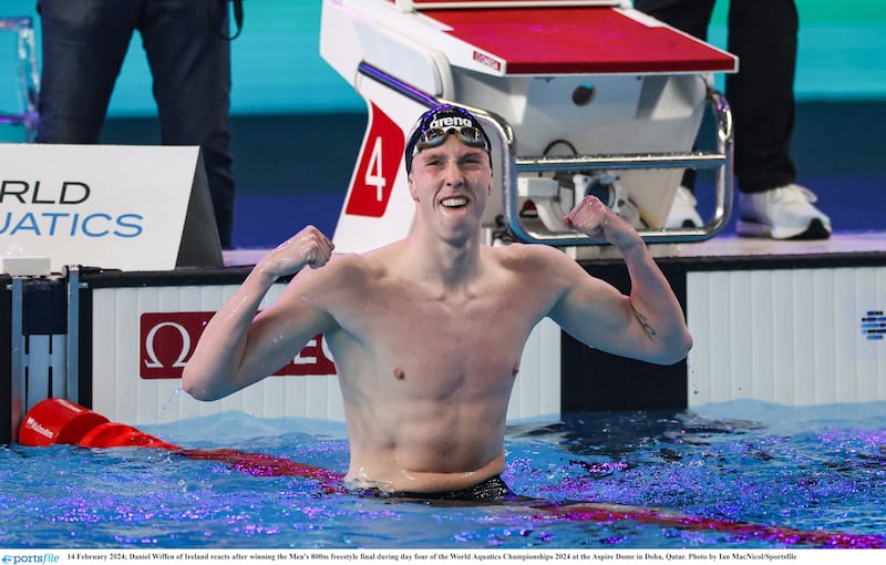 14 February 2024; Daniel Wiffen of Ireland reacts after winning the Men's 800m freestyle final during day four of the World Aquatics Championships 2024 at the Aspire Dome in Doha, Qatar. Photo by Ian MacNicol/Sportsfile