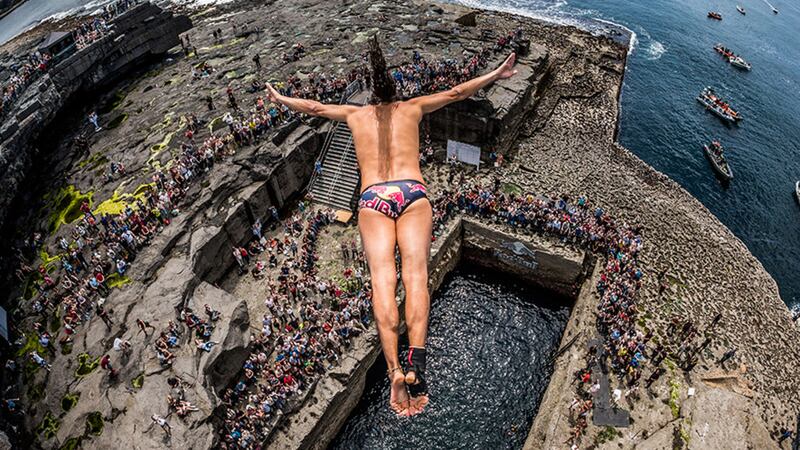 Orlando Duque of Colombia dives from the 28-metre platform during  the Red Bull Cliff Diving World Series, Inis Mor, Aran Islands, on June 28 2014&nbsp;