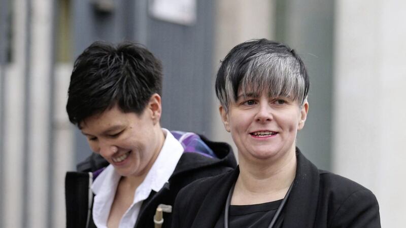 Grainne Close and Shannon Sickles arrive at Belfast High Court at an earlier hearing in their protracted legal challenge against Northern Ireland&#39;s ban on same-sex marriage. Picture by Hugh Russell 