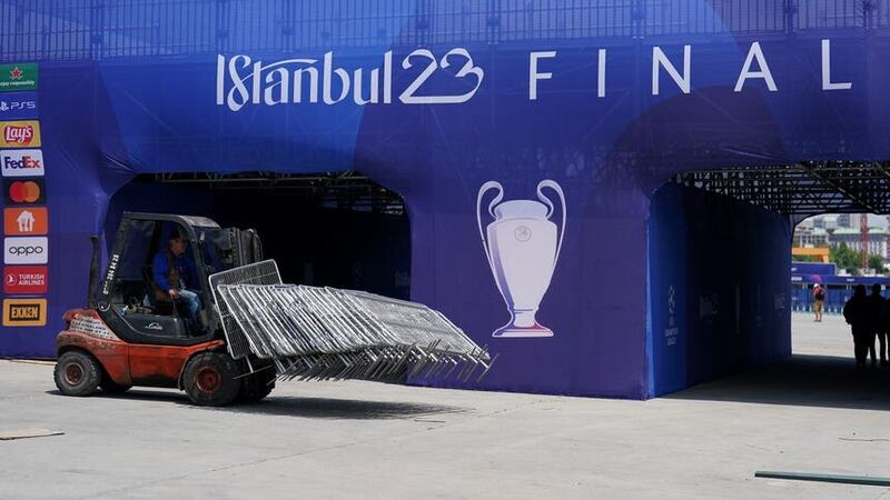 Final preparations are carried out at the Ataturk Olympic Stadium in Istanbul ahead of Saturday’s Uefa Champions League final between Manchester City and Inter Milan (Mike Egerton/PA)