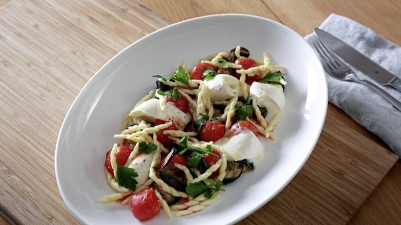 Trofie pasta with aubergine, tomatoes and Irish mozzarella 
