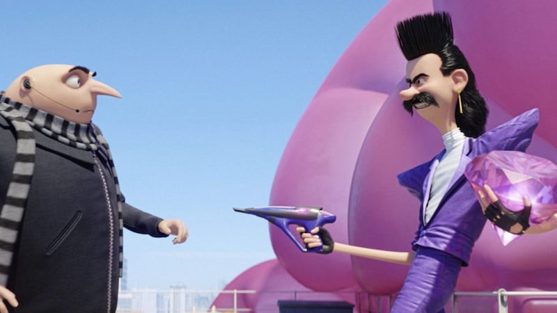 Gru (Steve Carell) faces down 1980s-obsessed supervillain Balthazar Bratt (Trey Parker) in Despicable Me 3 