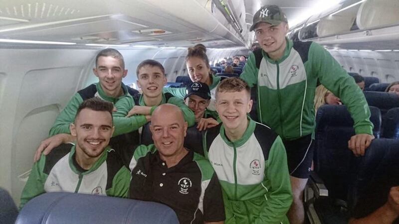 Team NI with coach Pete Brady and physio Orla O&#39;Rourke en route to the Bahamas 