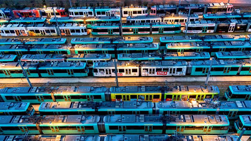 Subway trains were left parked in a depot in Frankfurt as transport workers went on strike (AP Photo/Michael Probst)