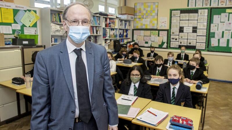 Education minister Peter Weir during a visit to a year 8 class at Sullivan Upper School in Holywood. Picture by Liam McBurney/PA Wire 