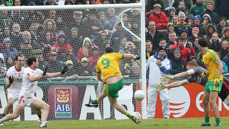 Matin McElhinney scores his crucial goal in last Sunday&#39;s Ulster SFC clash with Tyrone 