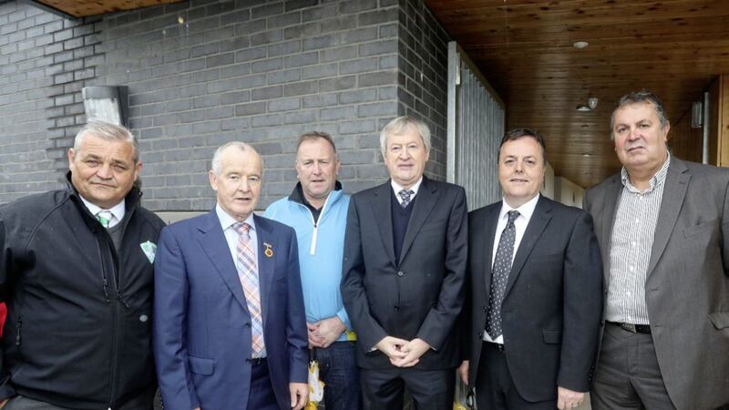 Director General of the GAA Pairic Duffy, who attended Saturday&#39;s official opening of the new Antrim GAA Centre of Excellence at Dunsilly, Antrim on Saturday is seen here with Ulster GAA President Michael Hasson, Antrim county chairman Collie Donnelly, former chairmen Jim Murray (right) and John McSparron and St Comgall&#39;s GAC club chairman Paddy Quinn (left). Pic by John McIlwaine. 