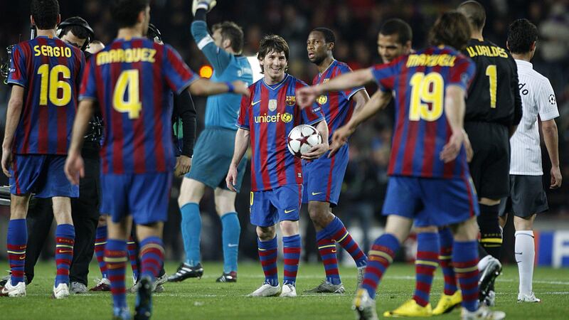 Lionel Messi, pictured after scoring all four goals in Barcelona's 4-1 win over Arsenal in April 2010