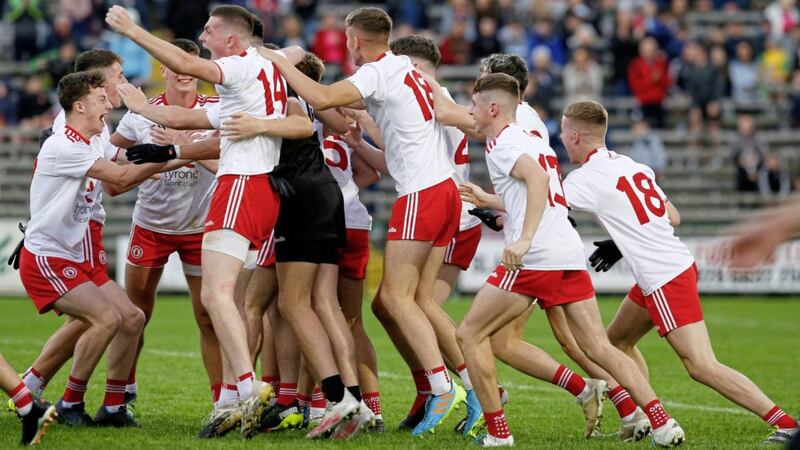 Tyrone players celebrate after their Ulster MFC final win over Donegal. The Red Hands have posted some high scoring totals this season but it is their defensive solidity which has helped take them to an All-Ireland final Picture: Philip Walsh. 
