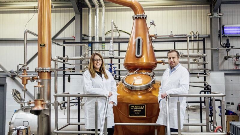 Fiona and David Boyd-Armstrong unveil one of two new state-of-the-art new copper stills that have been installed at Rademon Estate Distillery in Crossgar, as part of a major &pound;2.5million redevelopment 