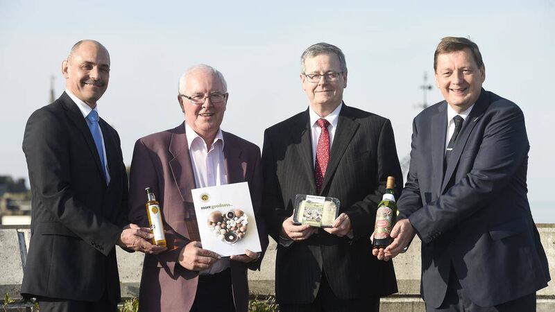 Celebrating the success of Access 6 are, from left, Harry Hamilton, project manager Access 6; Jim O&rsquo;Donnell, Annaghmore Mushrooms, Lurgan; Tony O&rsquo;Neill, vice chair NIFDA; and Michael Bell, chief executive  