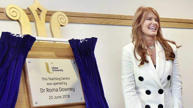 Derry actress and film producer Dr Roma Downey shared a story with Professor Paddy Nixon vice chancellor at the opening of the new teaching centre at the Ulster University&#39;s Magee campus. Picture by Margaret McLaughlin. 