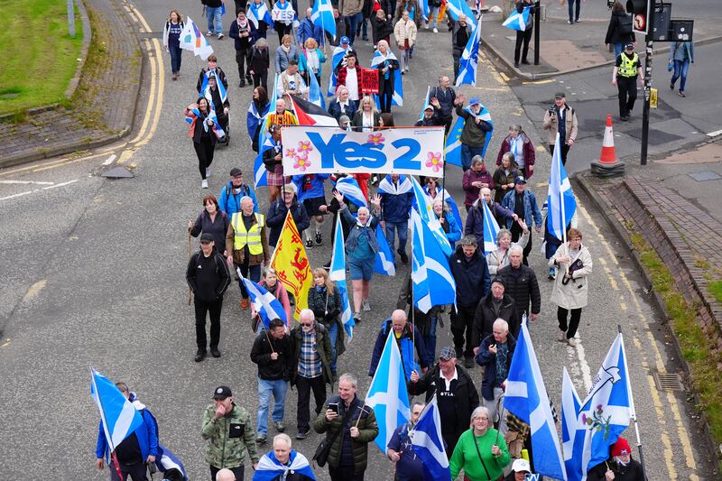 People take part in a March for Independence from Kelvingrove Park to Glasgow Green