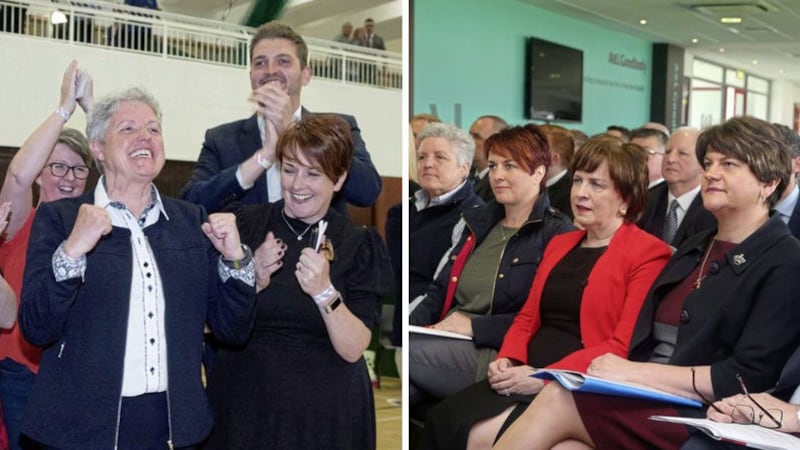 (left) The DUP's Alison Bennington celebrates her election to Antrim and Newtownabbey Borough Council and (right) Ms Bennington sits with senior DUP figures at the local government election manifesto launch