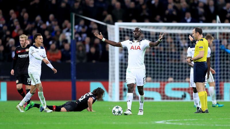 Tottenham Hotspur's Moussa Sissoko (centre) reacts during the UEFA Champions League match at Wembley Stadium&nbsp;