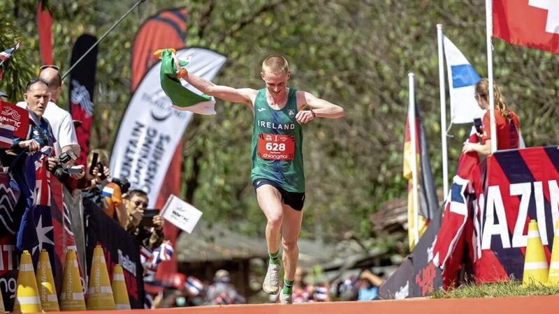 Zak Hanna celebrates after crossing the line in fifth place at the World Mountain Running Championships in Thailand last week 