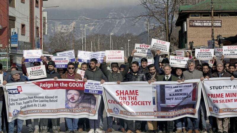Kashmiri traders participate in a protest against targeting of Kashmiri Muslims in Hindu-majority India, in Srinagar, Indian controlled Kashmir Picture Dar Yasin/AP 