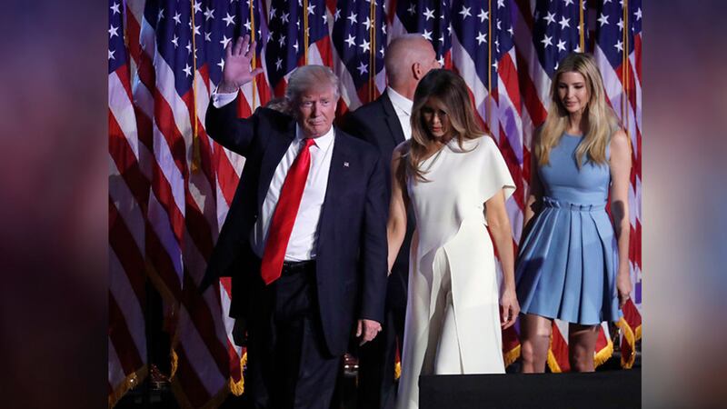 President-elect Donald Trump waves as he walks with his wife Melania Trump followed by his daughter Ivanka Trump after giving his acceptance speech during his election night rally in New York&nbsp;