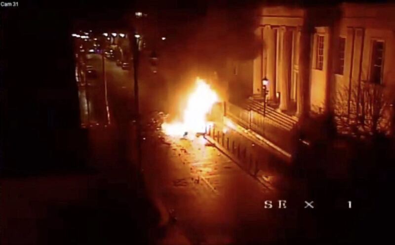 CCTV footage showing a car bomb moments after it exploded outside the court house on Bishop Street in Derry. 