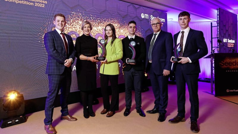 Atlas Smart Technologies' James Logan, Jack Fullerton and Joseph Gillan, pictured with ByoWave co-founder Eibhlin O'Riordan and InterTradeIreland's CEO Margaret Hearty and chair Richard Kennedy. 
