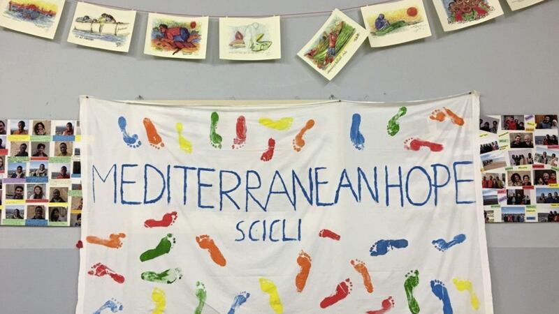 Mediterranean Hope banner in Casa delle Culture in Scicli. Picture by Alan Meban. 