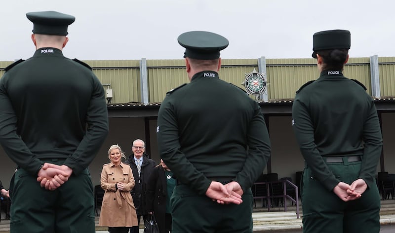 First Minister Michelle O'Neill and Gerry Kelly during the Police Service of Northern Ireland’s attestation ceremony for six newly qualified officers at Garnerville Police College  on Friday.
Sinn Féin attended a PSNI graduation ceremony for the first time.
Picture: COLM LENAGHAN