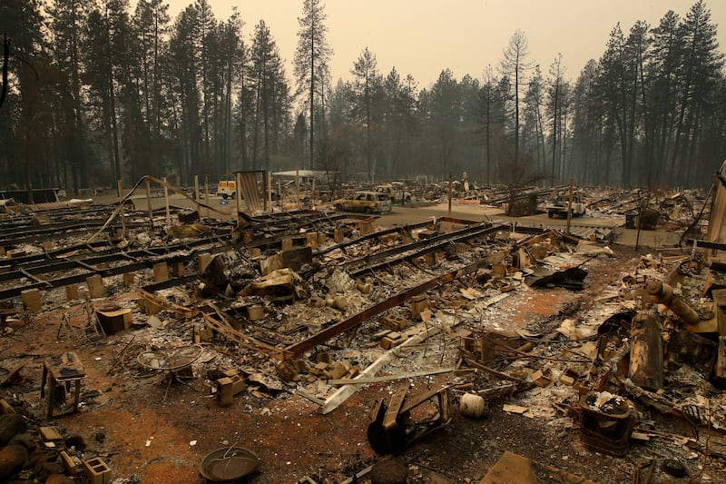 Rubble remains where mobile homes once stood at the Camp Fire
