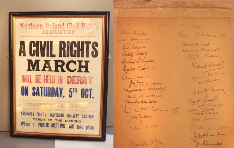 &nbsp;An original 1968 poster advertising the October 5 march in Derry, plus the names of some of those who took part signed on the back