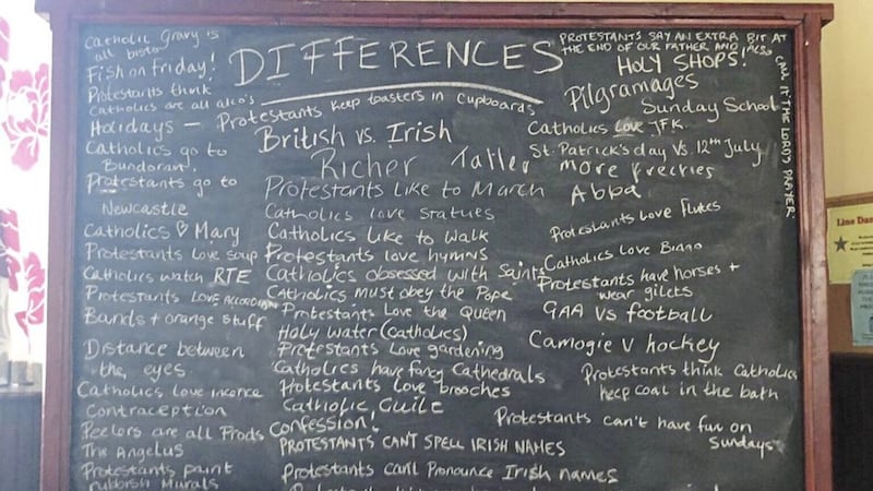 The famous `Differences&#39; blackboard (on which are scrawled dozens of differences between Catholics and Protestants) from the hit TV series Derry Girls 