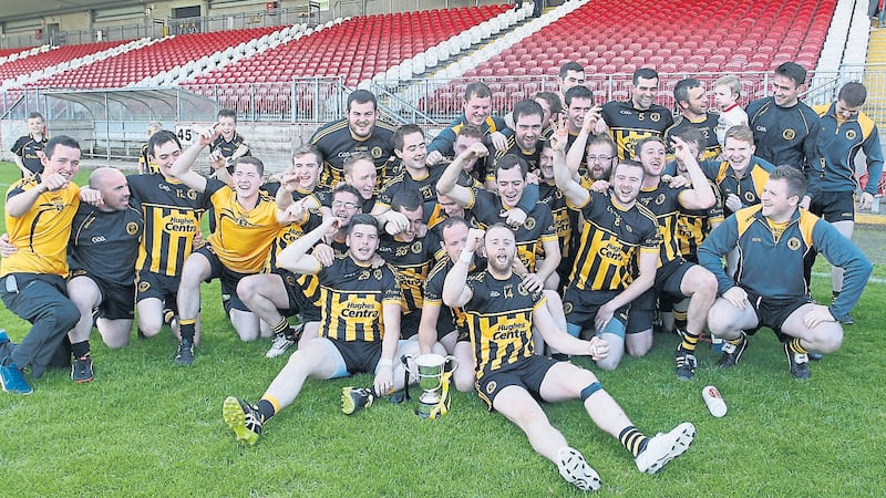 Carrickmore struck for dramatic late goals to clinch their third successive Tyrone SHC title at Healy Park yesterday<br />Picture by Jim Dunne