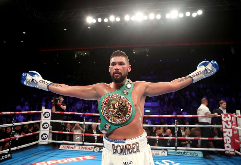 Tony Bellew celebrates victory over BJ Flores for the WBC World cruiserweight title at the Echo Arena&nbsp;