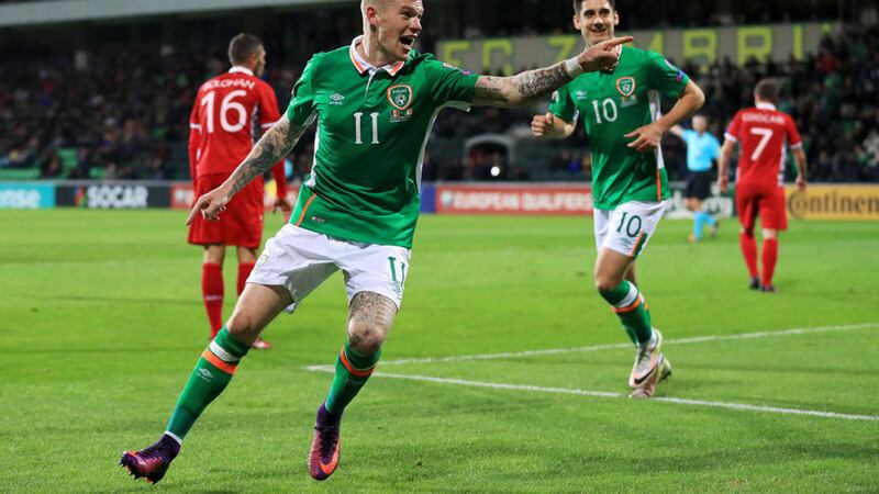 Republic of Ireland's James McClean celebrates scoring his side's third goal during Sunday's FIFA World Cup qualifying game against Moldova at the Zimbru Stadium, Chisinau. Picture by Press Association