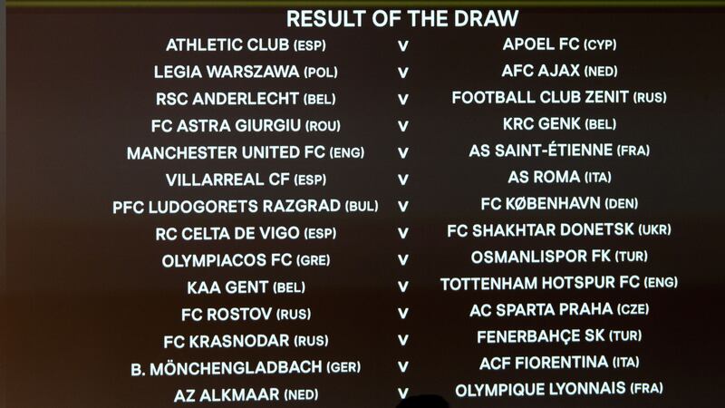 The draw for the Europa League round-of-32 is displayed at Uefa headquarters in Nyon, Switzerland on Monday<br />Picture by AP&nbsp;