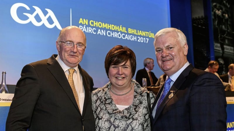 John Horan, left, after he was elected as GAA President-elect, with his wife Paula and outgoing GAA President Aog&aacute;n &Oacute; Fearghail, during the 2017 GAA Annual Congress at Croke Park, in Dublin yesterday <br /><br />Picture by Sportsfile
