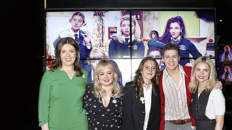 The cast of Derry Girls at a special screening of the new C4 series, in Derry on Monday night. Included are Nicola Coughlan who plays Clare, Louisa Harland who plays Orla,  Saoirse-Monica Jackson who plays Erin and Dylan Llewellyn who is James, with writer Lisa McGee on left. Picture by Margaret McLaughlin&nbsp;&nbsp;