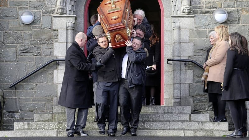 Bobby Sands's son Gerard (front right) carries the coffin of his grandmother Rosaleen Sands at St Oliver Plunkett's Church, Blackrock, Co Louth. Picture by Mal McCann