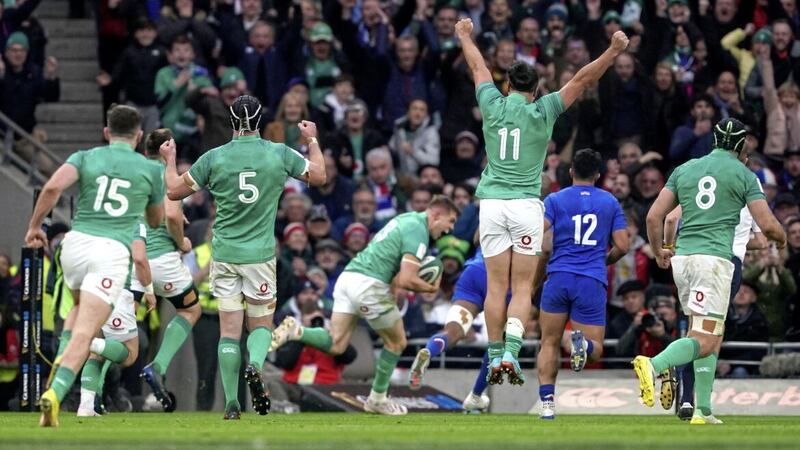 Ireland players celebrate as Garry Ringrose (centre) scores their side&#39;s fourth try of the game during the Guinness Six Nations match at the Aviva Stadium in Dublin on Saturday Picture: Brian Lawless/PA 
