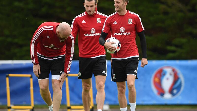(l-r) James Collins, Gareth Bale and Andy King during a Wales training session at Complex sportif du Cosec, Dinard on Monday<br />Picture by AP&nbsp;