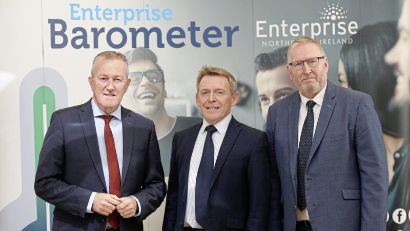 Michael McQuillan, chief executive of ENI, pictured at the launch of the 2023 barometer findings with MLAs Conor Murphy and Doug Beattie 