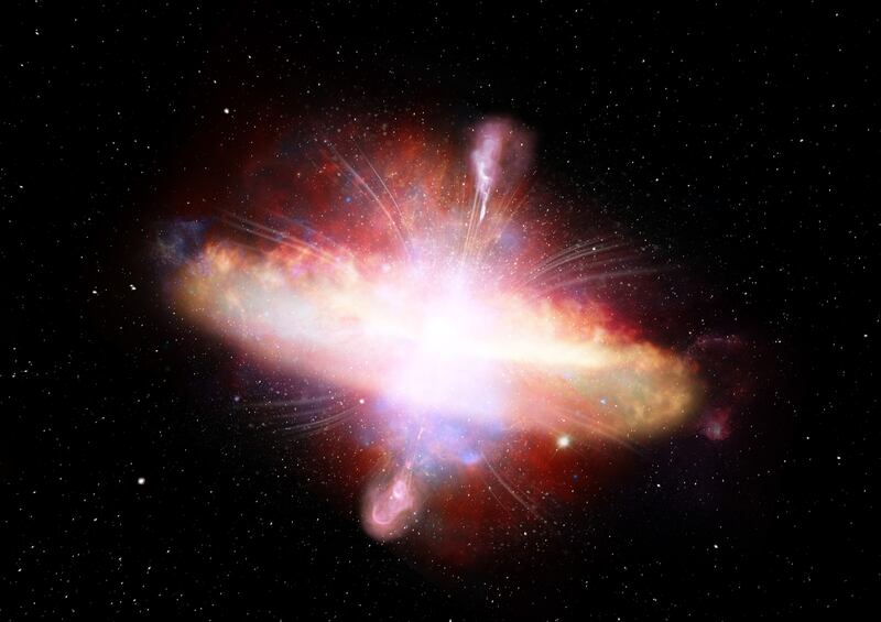 A brief transitional phase where the young quasar is enshrouded in gas and dust 