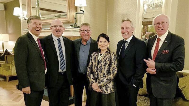 From left, South Antrim MP Paul Girvan, Cllr John Finlay, MLA Sammy Wilson, Tory MP Pretti Patel, MP Ian Paisley Jnr, and MP Jim Shannon