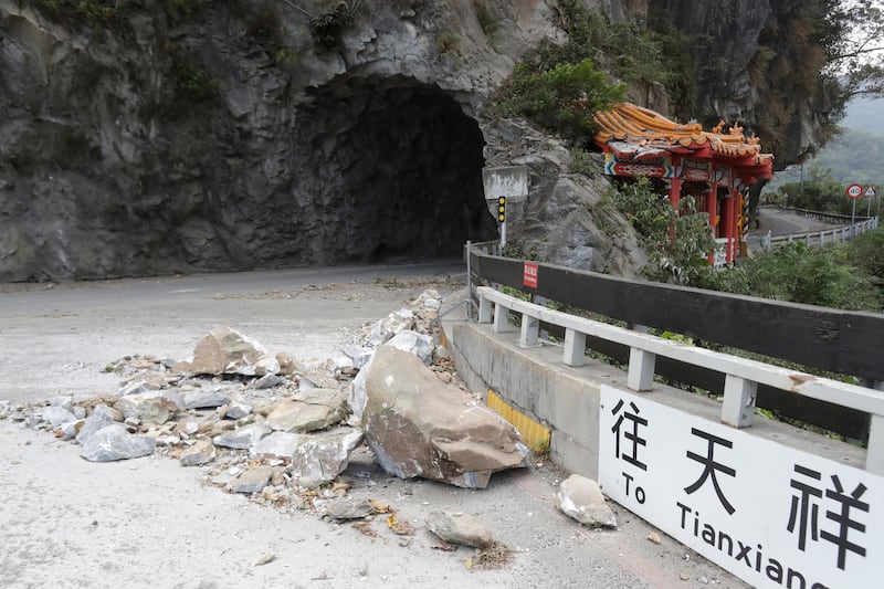 Rocks on the road at the entrance of Taroko National Park in Hualien County, eastern Taiwan (Chiang Ying-ying/AP)