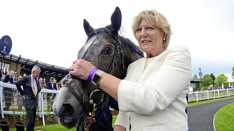 Trainer Jessica Harrington with Alpha Centauri after their win Tattersalls 1000 Guineas during day two of the 2018 Tattersalls Irish Guineas Festival at Curragh Racecourse, County Kildare. 