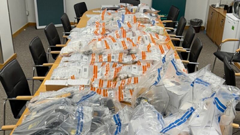 PSNI have seized a large quantity of prescription and non-prescription medication along with quantities of suspected cannabis, magic mushrooms, cocaine and over 20 bottles of whiskey (Claudia Savage/PA)