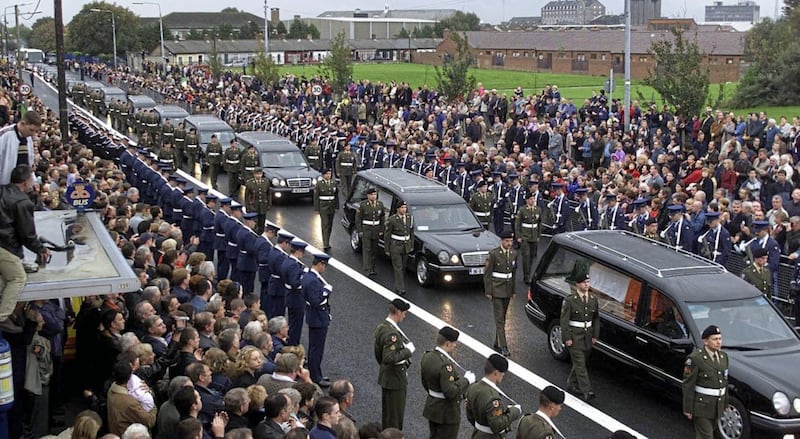 The 2001 reinterment of Kevin Barry and nine other celebrated figures from the Irish war of independence. Picture by Chris Bacon/PA 